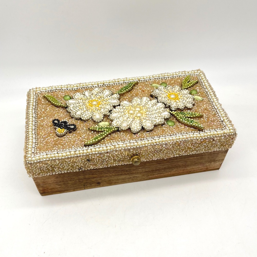 Hand Beaded Wooden Jewelry Box Floral Bumblebee White Flowers Champagne Gold 8in